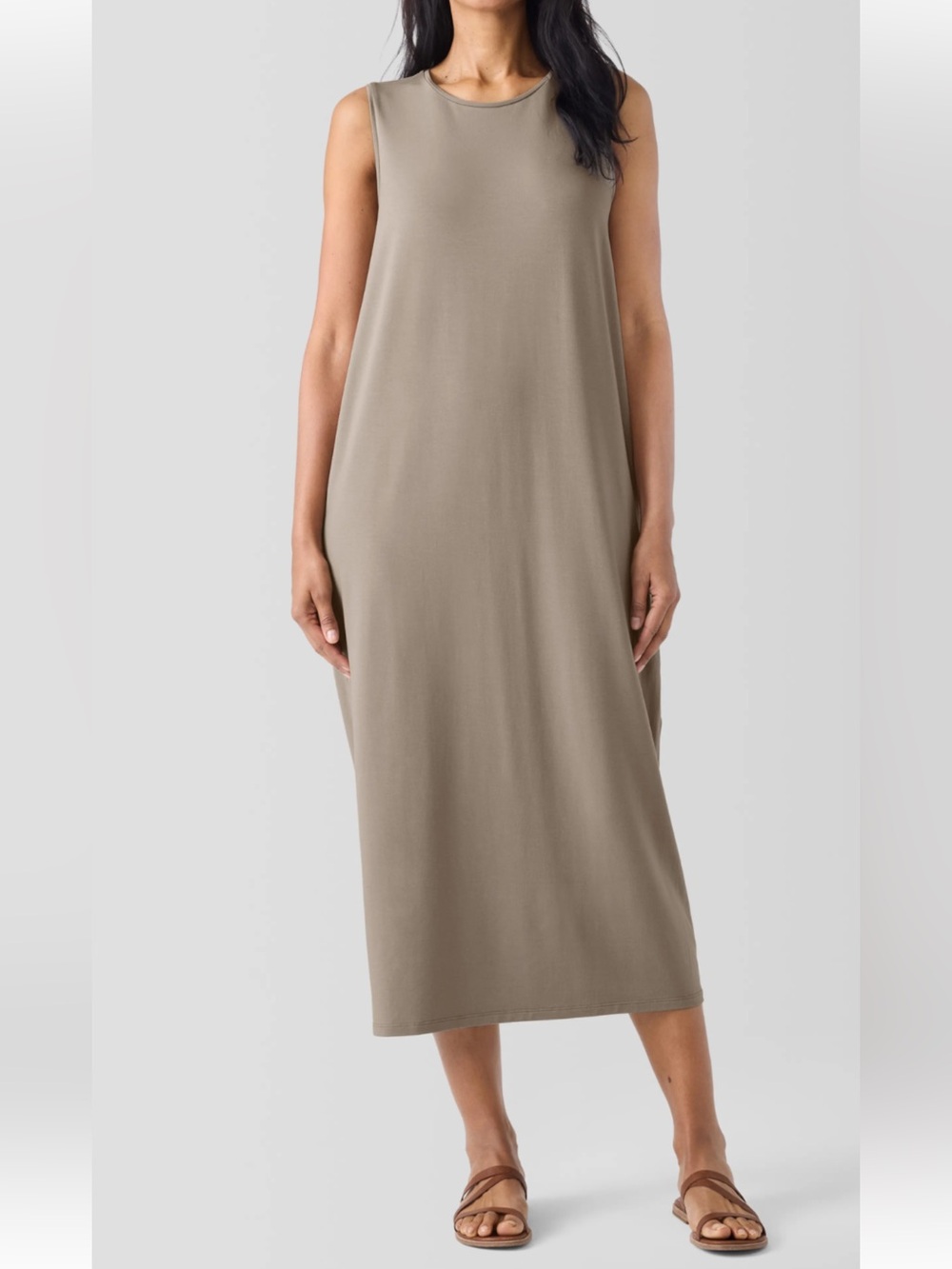 Eileen Fisher Stretch Jersey Knit Round Neck Dress Cocoa Tan Size Medium M